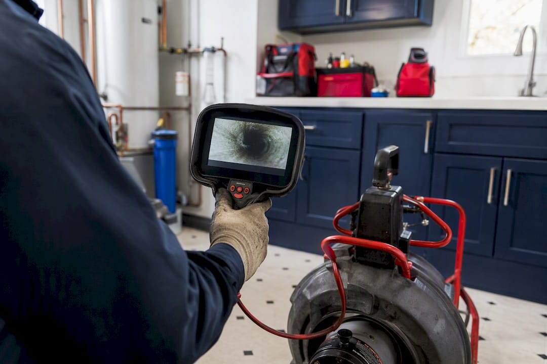 Technician holding sewer camera receiver