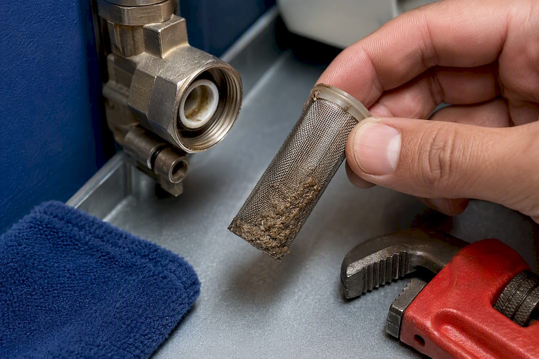 Sediment buildup on tankless inlet filter