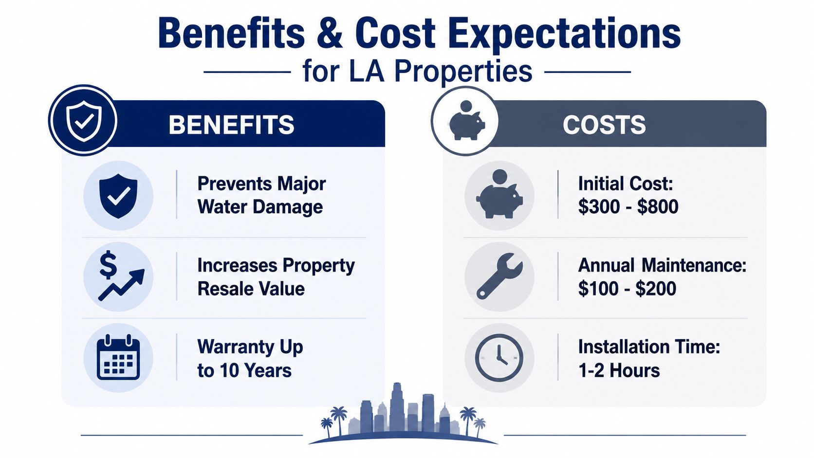 An infographic detailing the benefits and cost expectations for installing an automatic shut-off valve in Los Angeles.