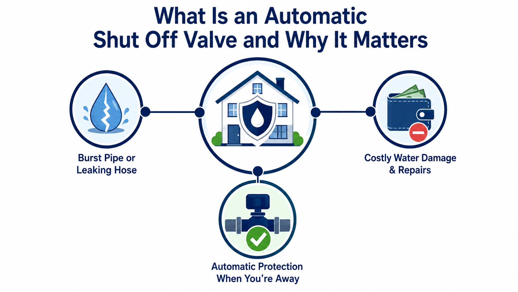 A diagram illustrating how an automatic shut off valve protects homes from water damage and repairs.