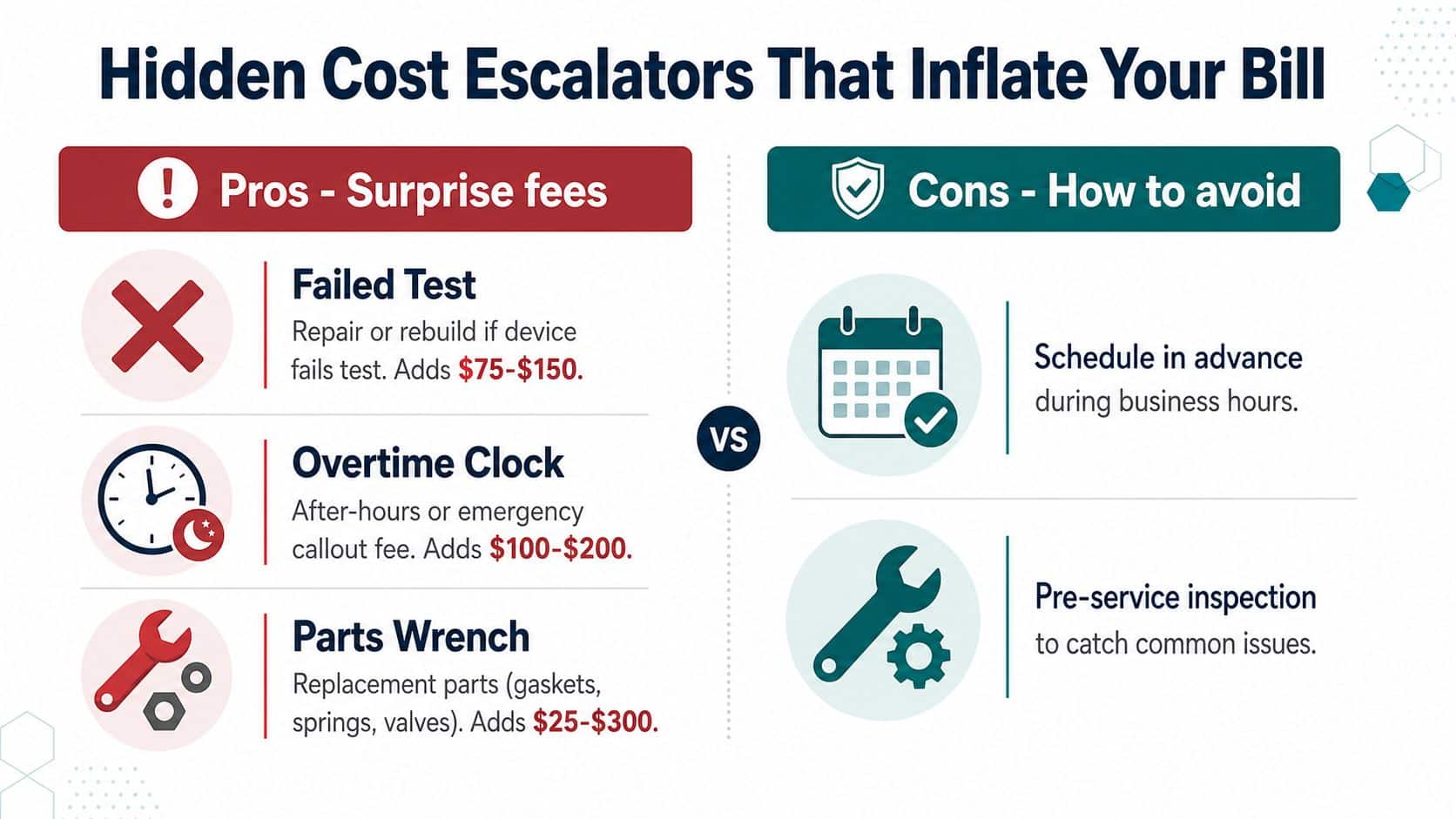 An infographic detailing hidden costs for backflow testing and strategies to avoid unexpected service expenses.