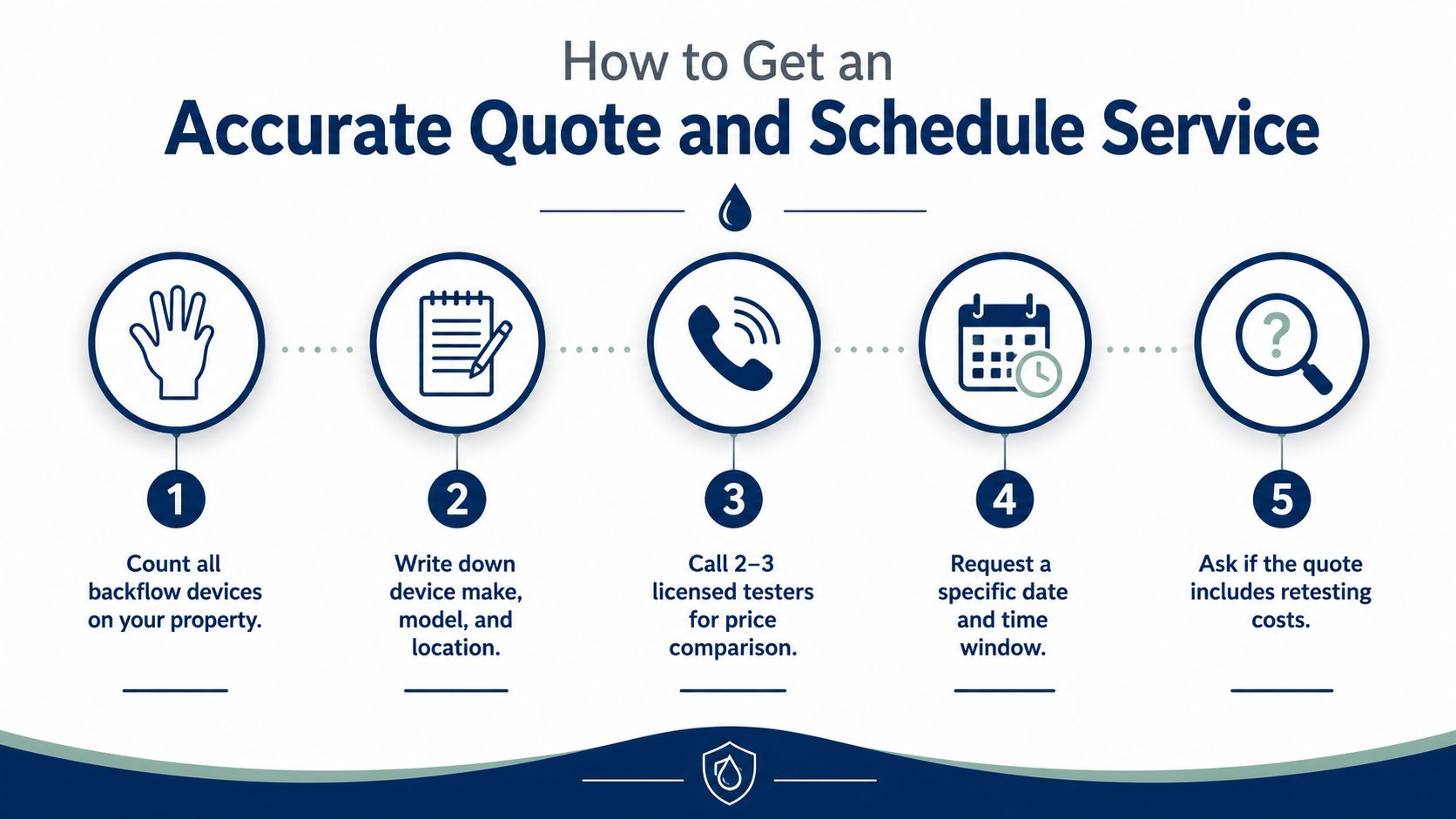 A five-step infographic guide on how to get an accurate price quote and schedule backflow preventer testing.