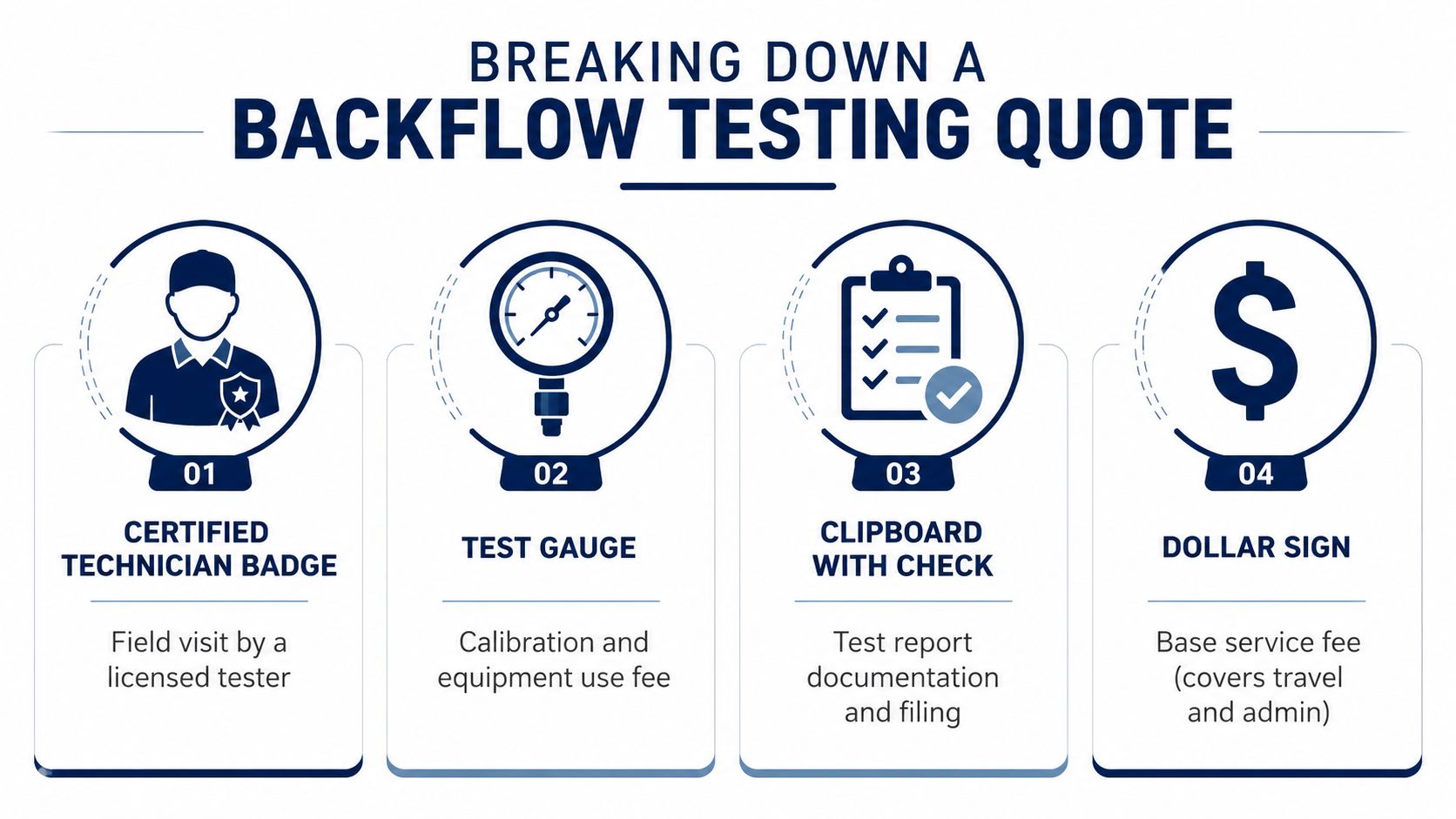 An infographic titled Breaking Down a Backflow Testing Quote listing four components including technician, gauge, documentation, and fees.