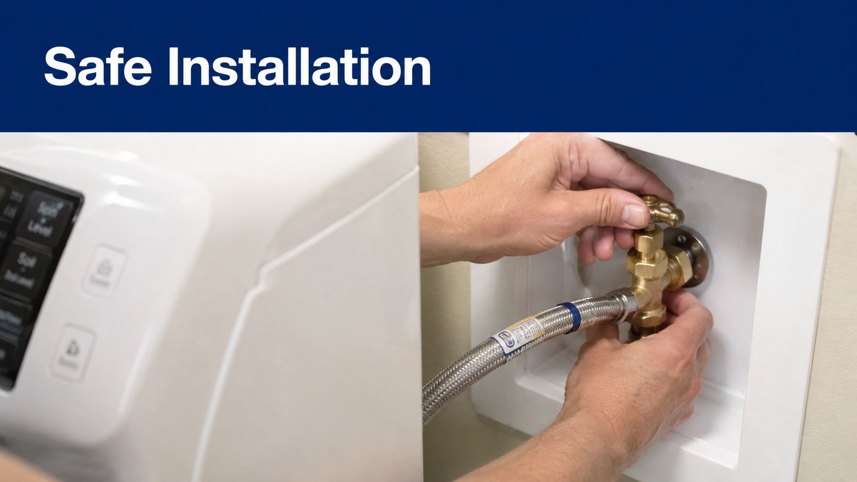 A person securely connecting a braided stainless steel water hose to a washing machine supply valve.