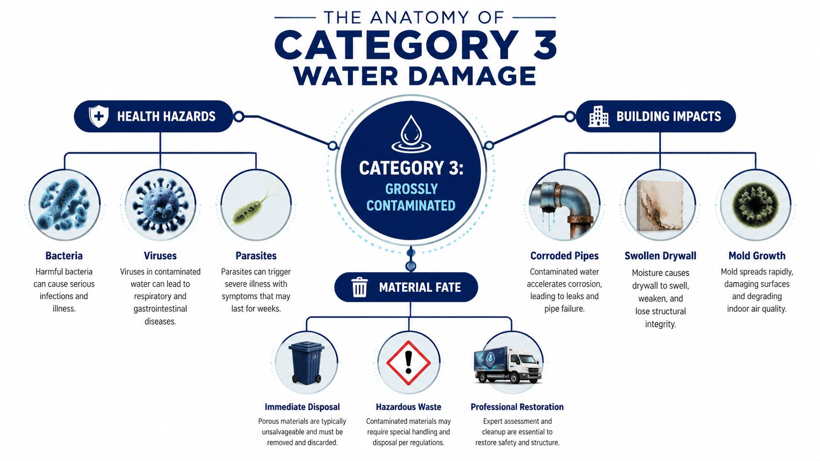 An infographic detailing the health risks, structural building impacts, and disposal methods of Category 3 water damage.