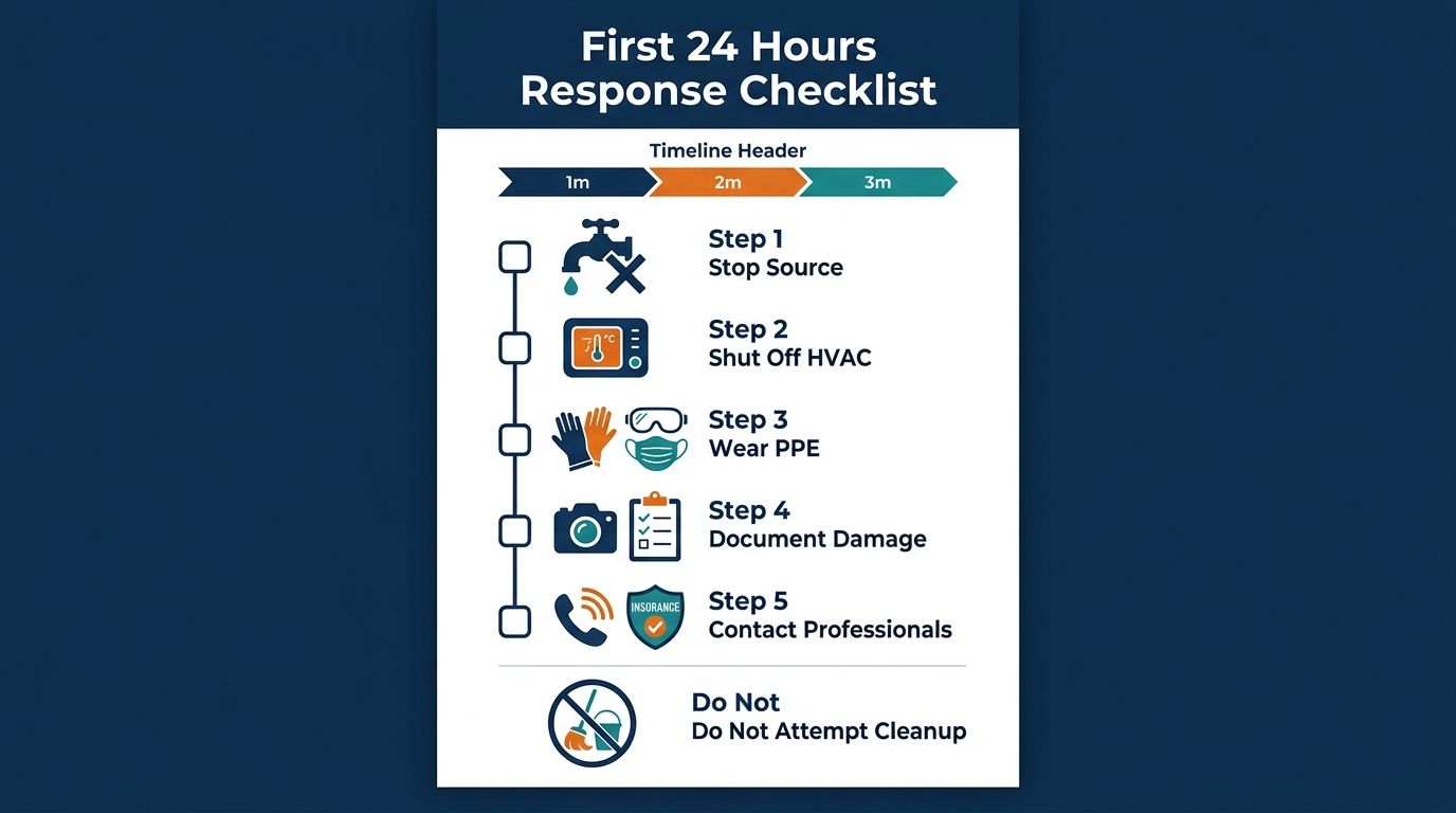 A checklist infographic titled First 24 Hours Response Checklist showing five steps to handle water damage.