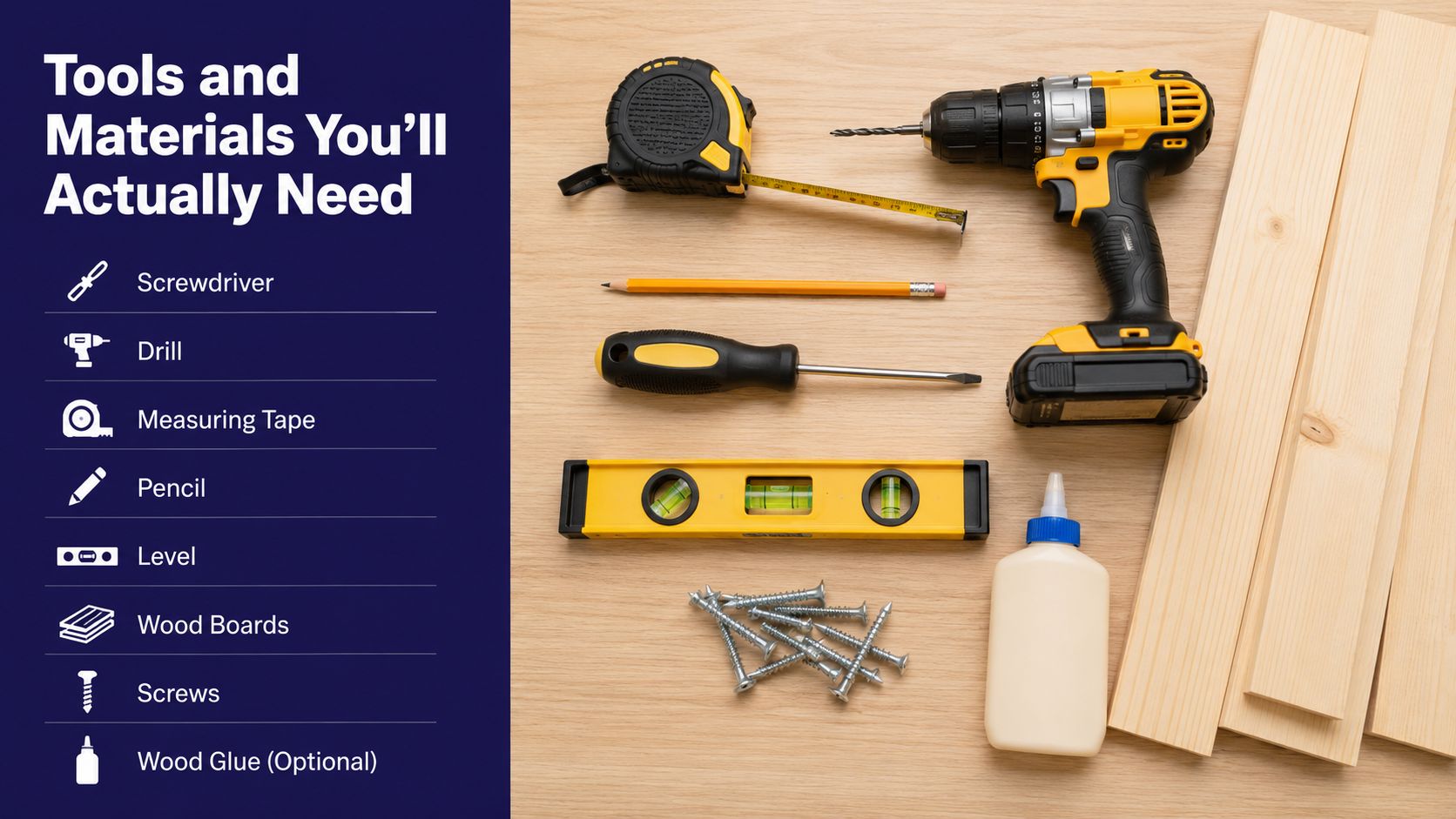 A flatlay of various construction tools including a drill, level, measuring tape, and wood glue on wood.