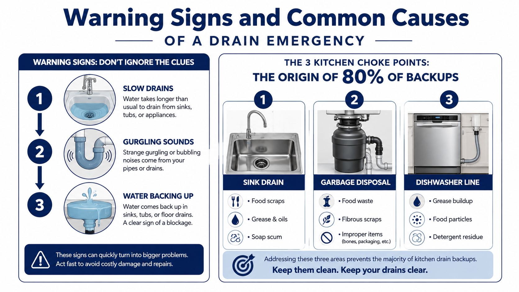 An infographic detailing three warning signs of drain emergencies and the three common kitchen choke points for backups.