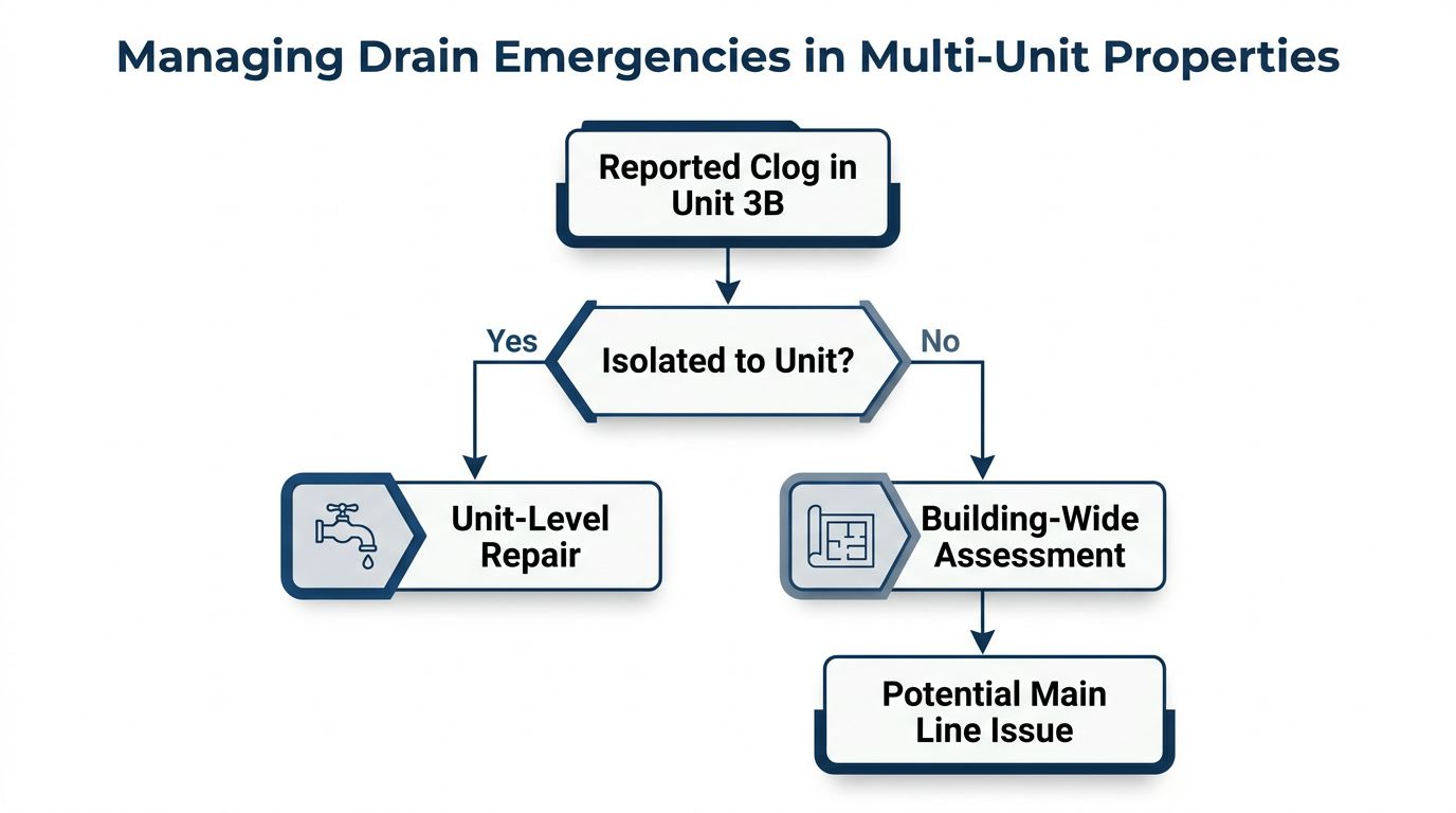 A flow chart illustrating the process of managing drain emergencies in multi-unit residential properties.