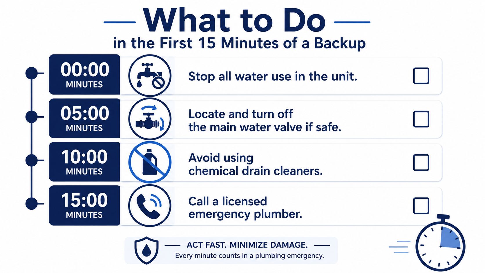A checklist infographic illustrating the necessary steps to take during the first fifteen minutes of a plumbing backup.