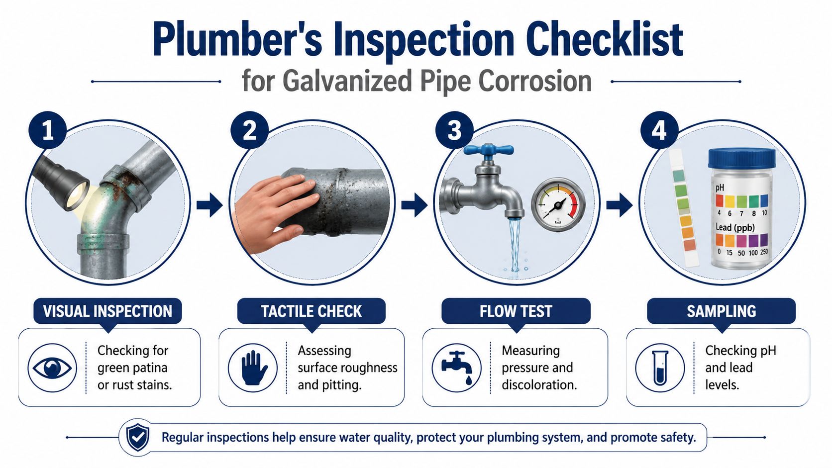A four-step inspection checklist infographic for identifying galvanized pipe corrosion in residential plumbing systems.