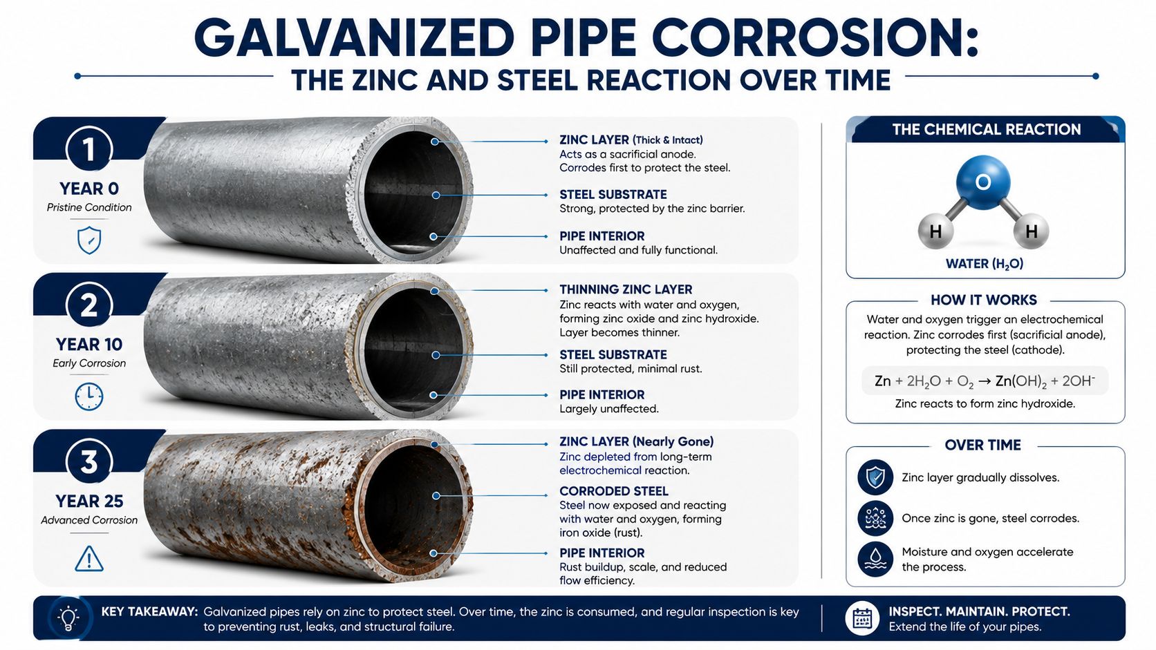 A diagram illustrating the timeline of galvanized pipe corrosion from pristine condition to advanced rust over 25 years.