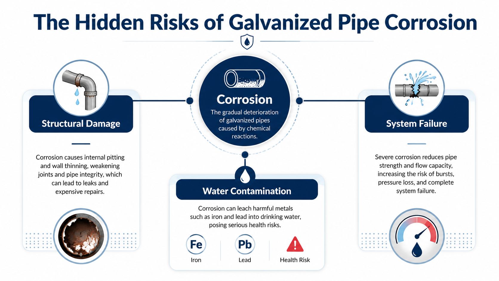 An infographic detailing the hidden risks of galvanized pipe corrosion, including structural damage, water contamination, and system failure.