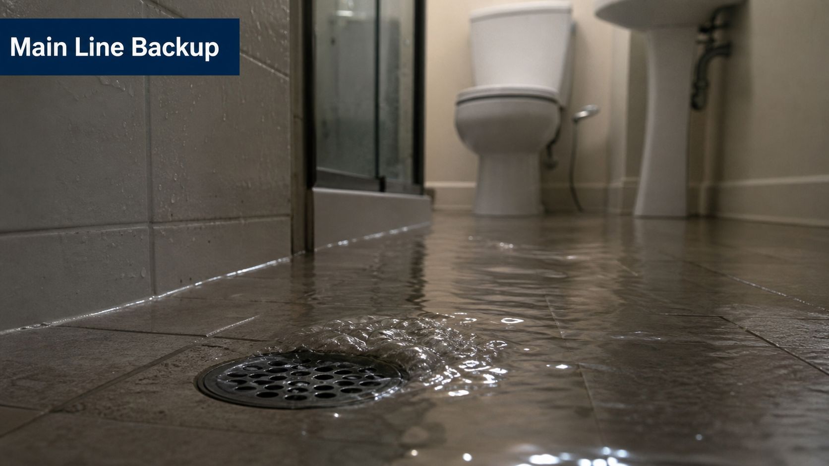 A tiled bathroom floor flooded with water backing up through a drain near a toilet.