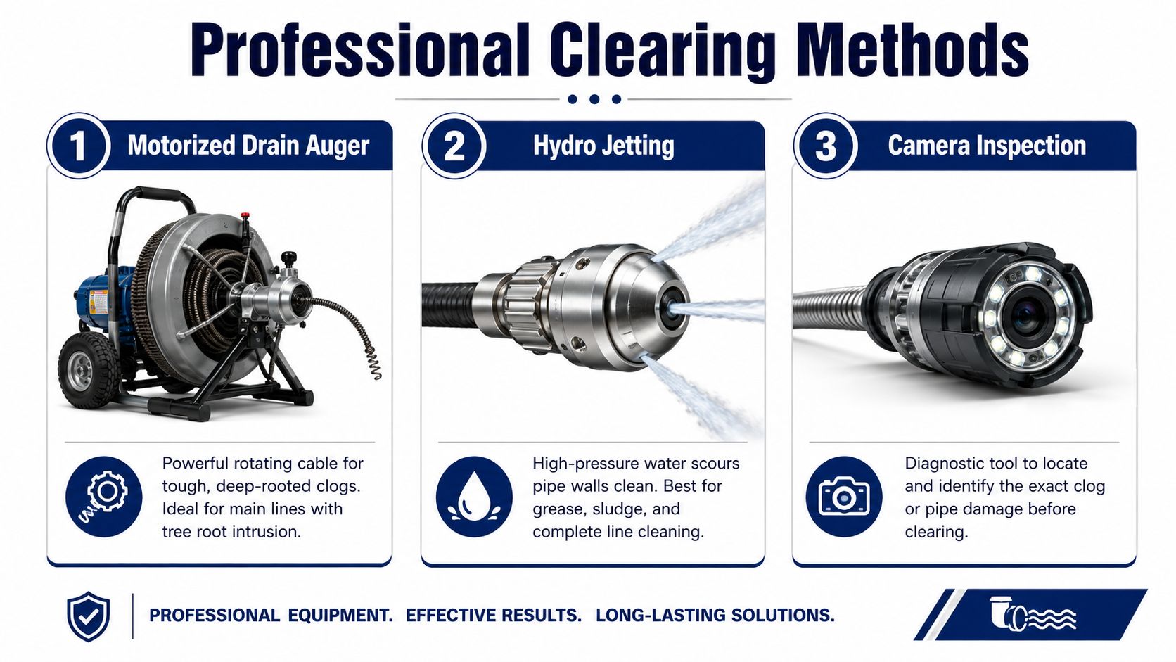 A professional plumbing guide showcasing a motorized drain auger, hydro jetting equipment, and a pipe inspection camera.