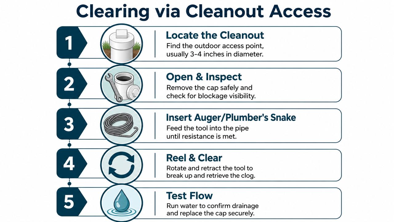 A five-step infographic showing how to clear a main sewer line clog using a cleanout access.