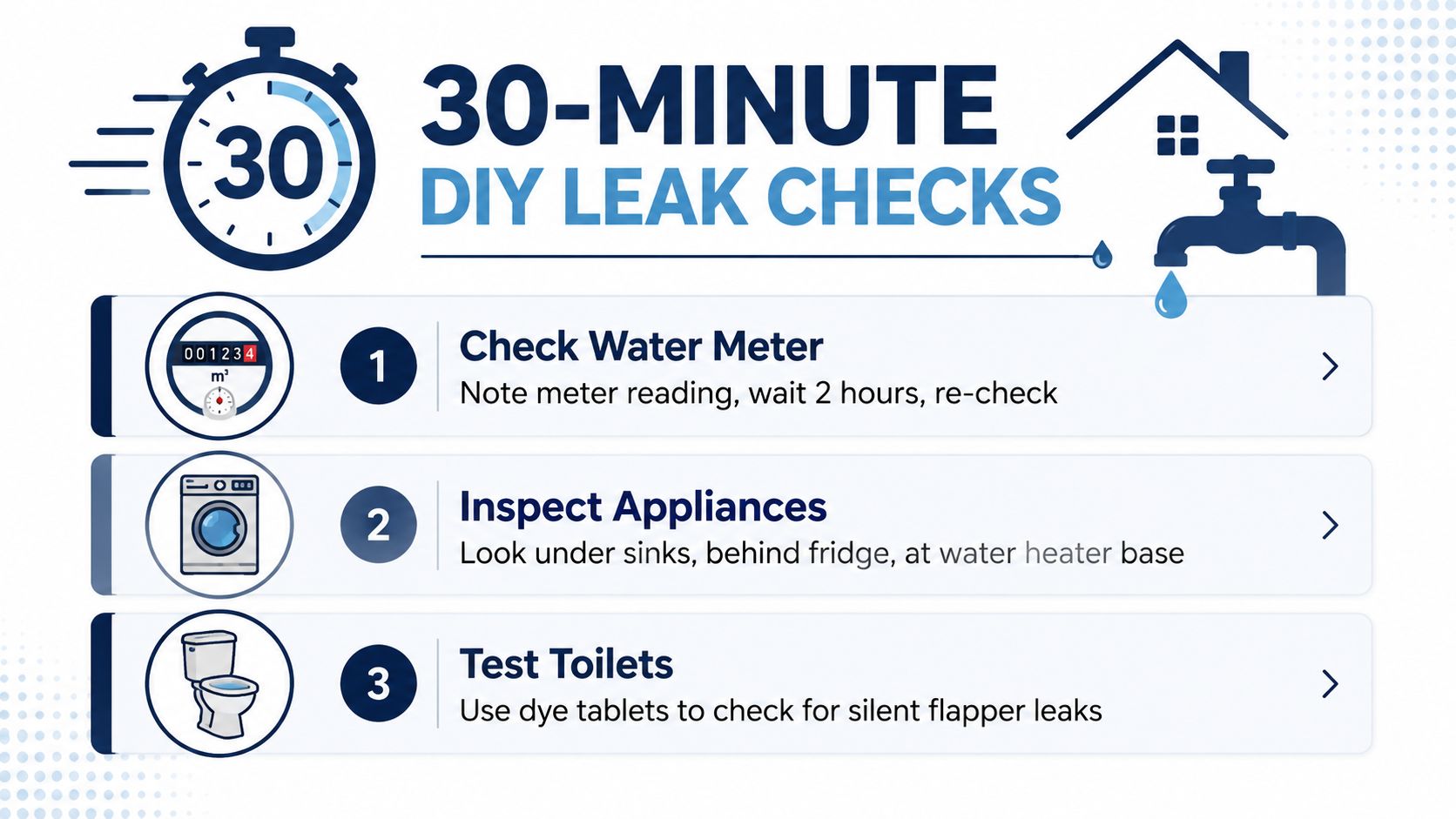 A simple infographic explaining three easy steps to perform DIY water leak checks in your home.