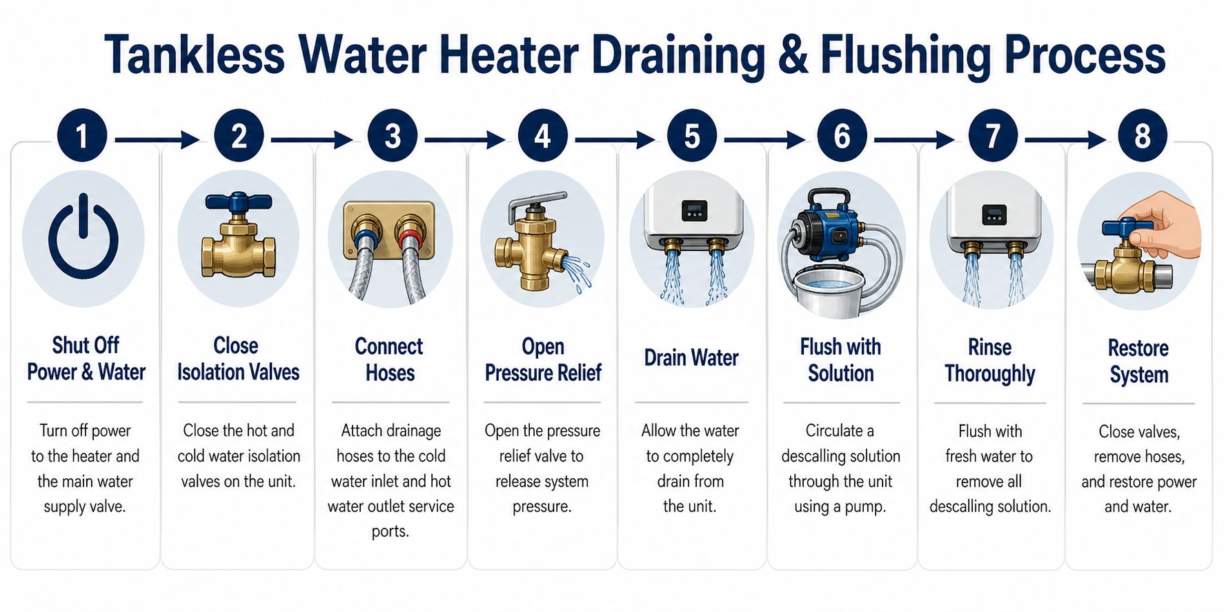 An eight-step infographic illustrating the professional process for draining and flushing a tankless water heater unit.