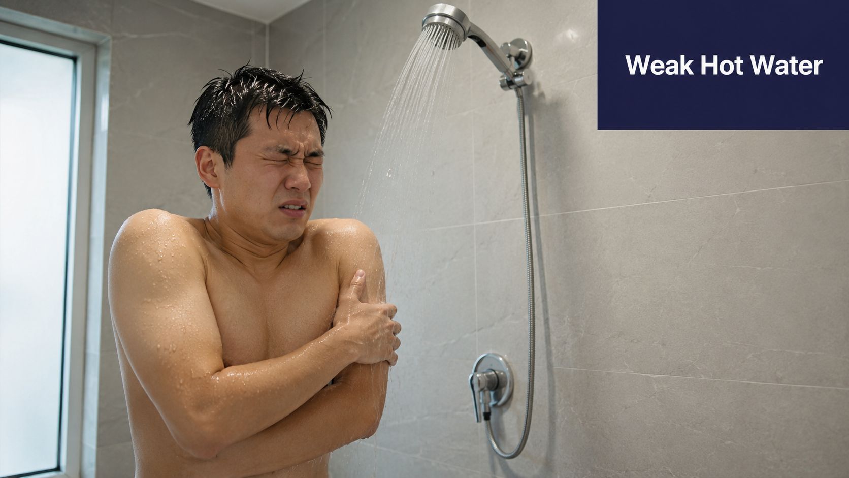 A man looking cold and uncomfortable while taking a shower with a weak stream of water.
