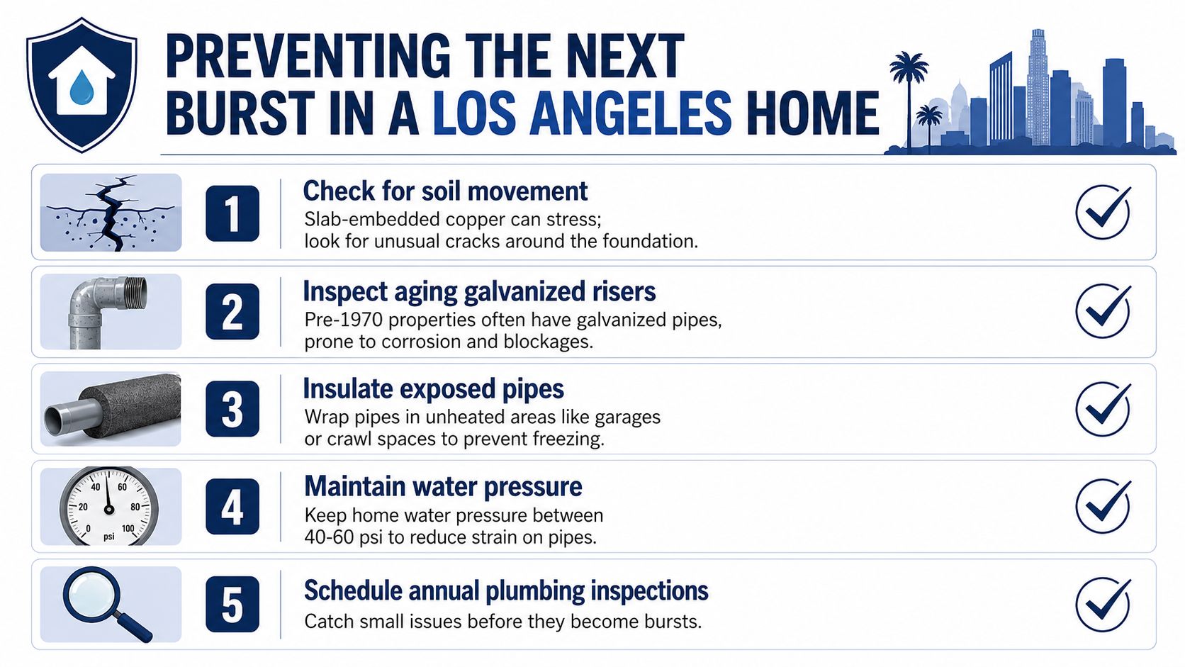 A checklist of five tips to prevent burst pipes in a Los Angeles home for plumbing maintenance.