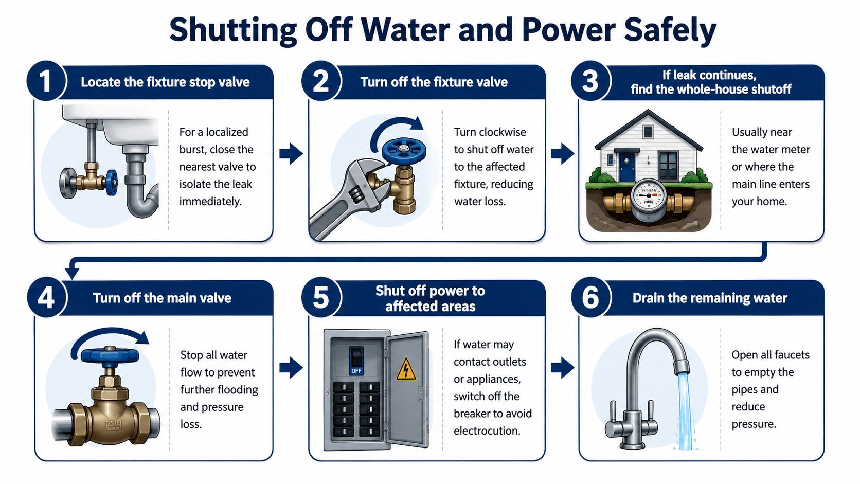 An infographic detailing the six safe steps to shut off water and power during pipe leaks.