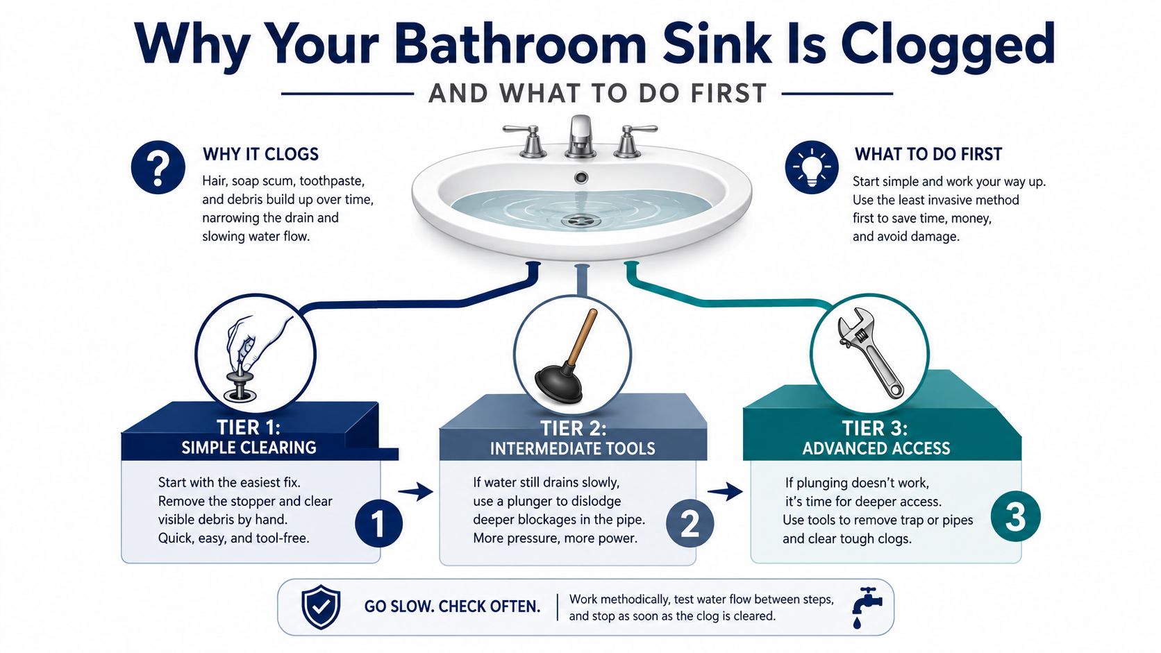 A helpful infographic outlining three tiers of methods for fixing a clogged bathroom sink drain.