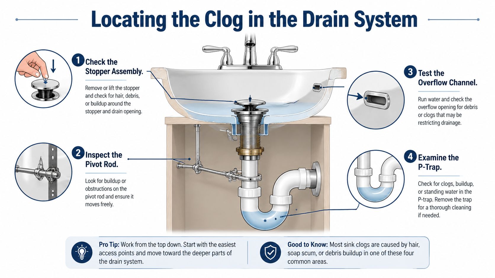 A diagram illustrating four steps to locate and troubleshoot a clog in a bathroom sink drain system.