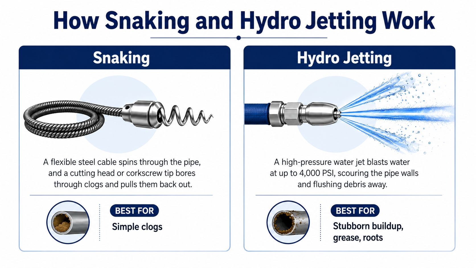 An infographic comparing the methods and best applications of drain snaking versus high-pressure hydro jetting plumbing services.