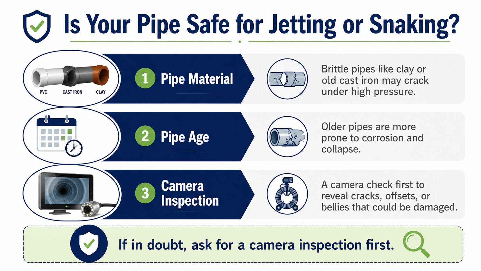 An infographic detailing safety considerations for hydro jetting or snaking pipes, including material, age, and camera inspection.
