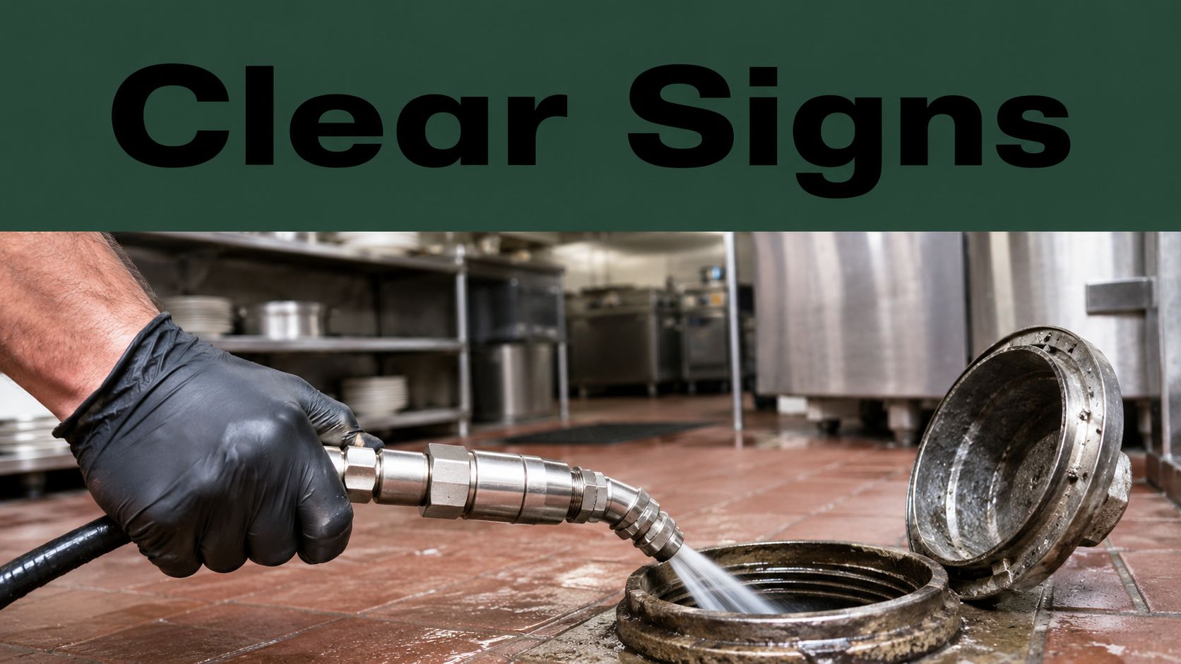 A professional wearing black gloves using a hydro jetting hose to clean a commercial floor drain.
