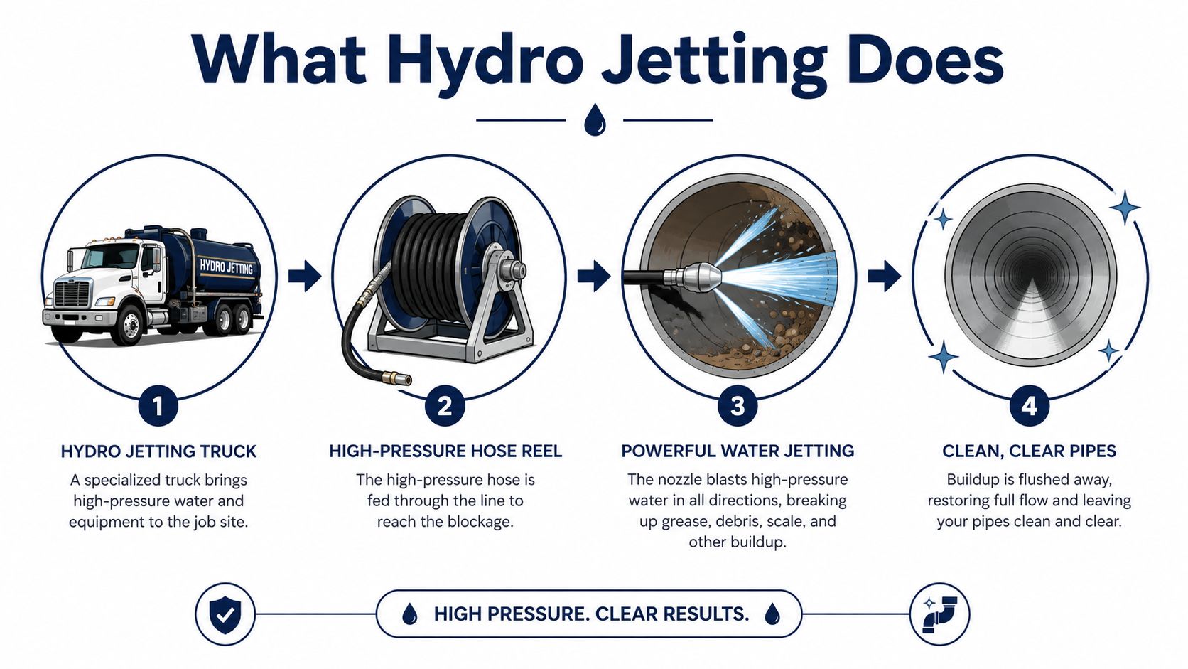A four-step infographic showing how a hydro jetting truck cleans pipes using high-pressure water.