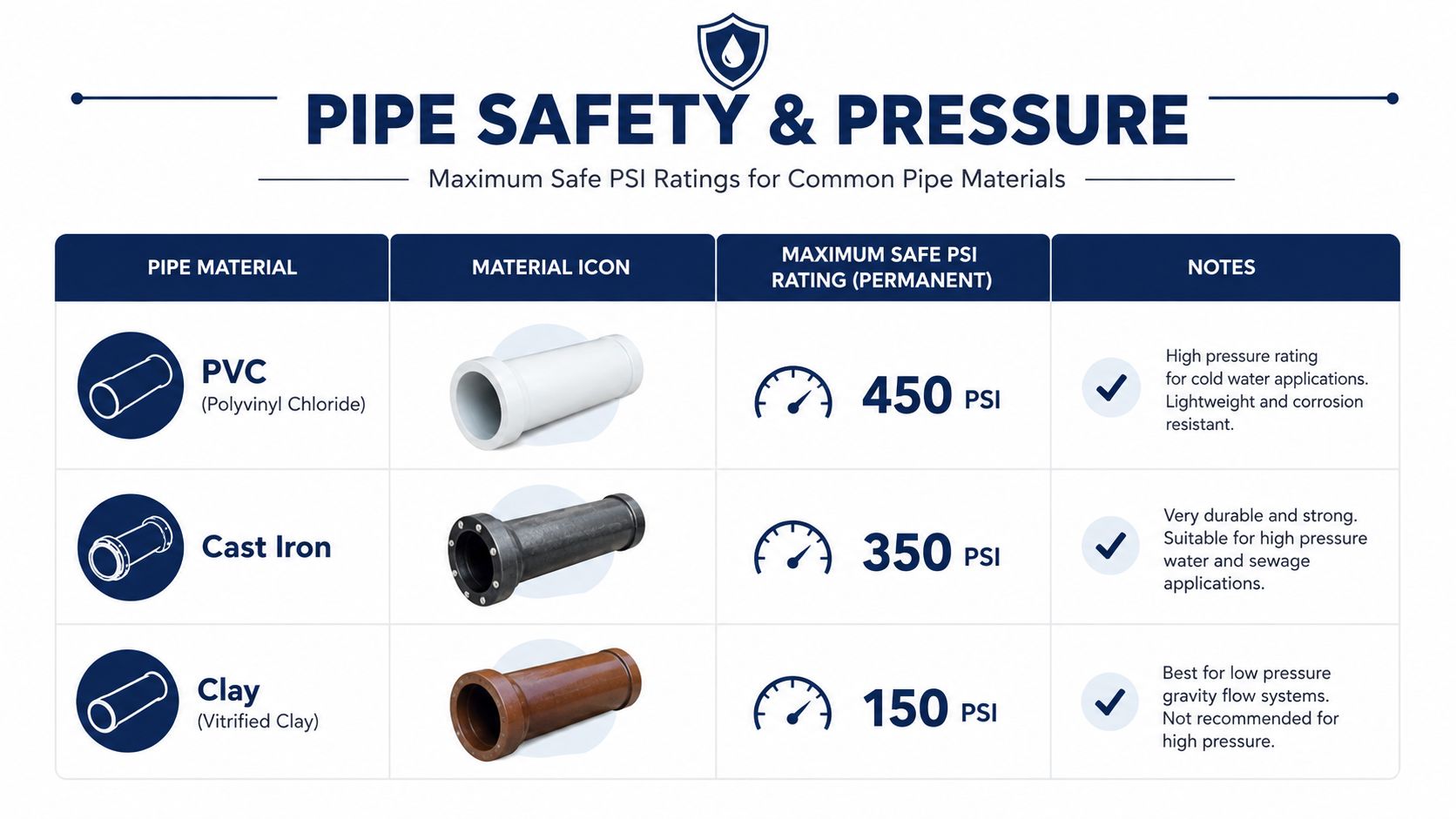A chart comparing the maximum safe PSI ratings for PVC, cast iron, and clay pipe materials.
