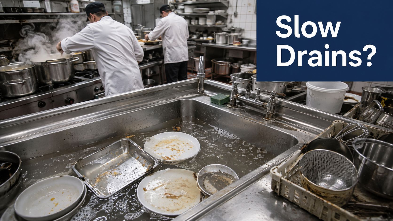 A commercial restaurant kitchen sink filled with dirty dishes and water, highlighting a clogged drain issue.