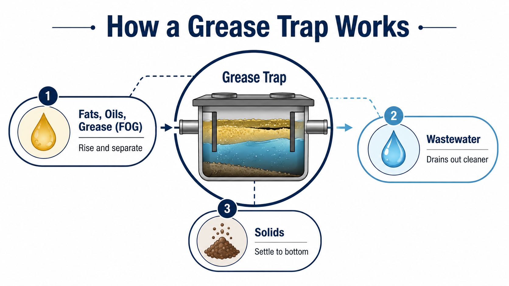 A diagram illustrating the functional process of a grease trap separating kitchen waste, oil, and solid debris.