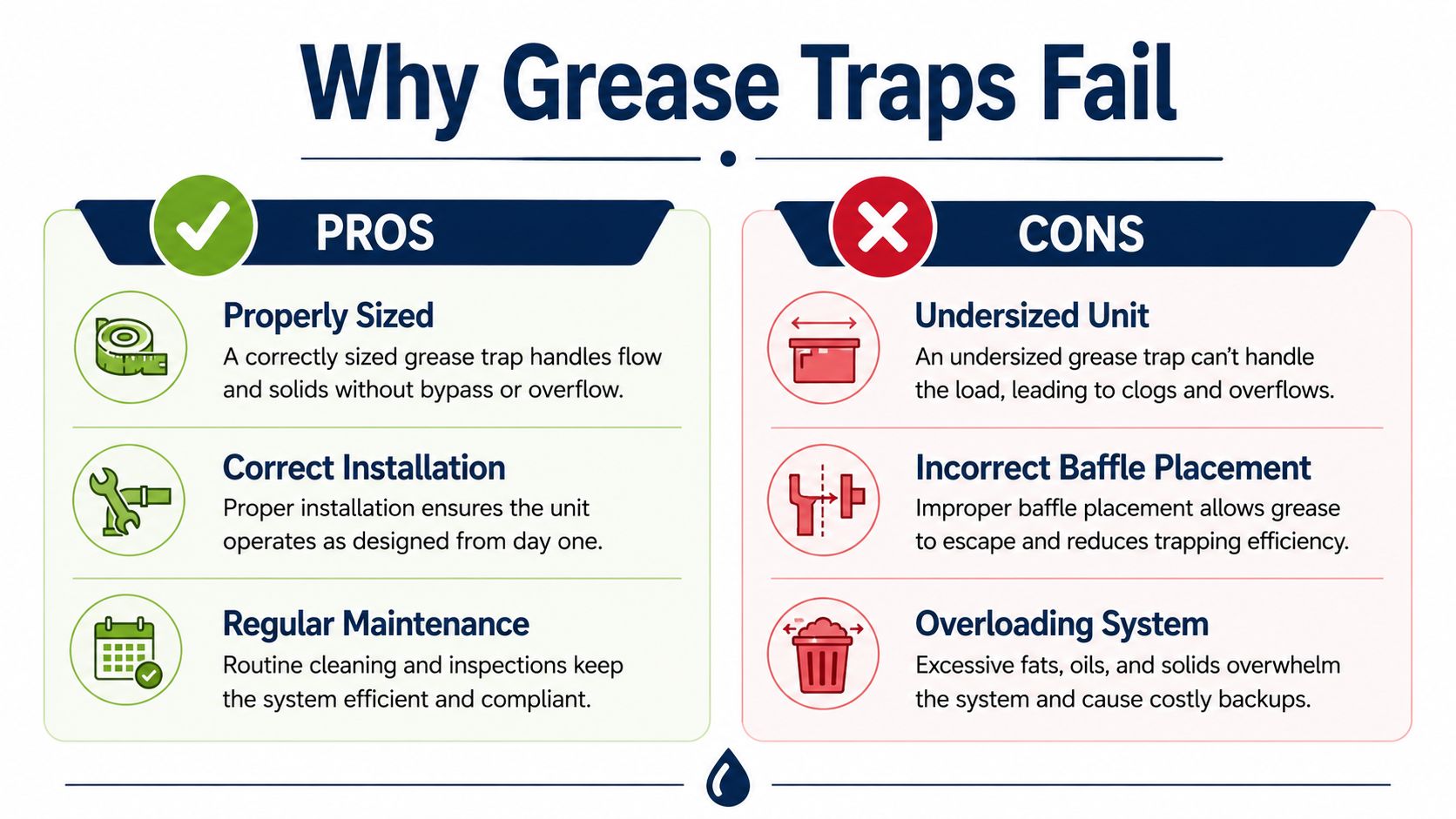A comparison chart outlining the pros and cons of grease traps, including proper sizing and maintenance.