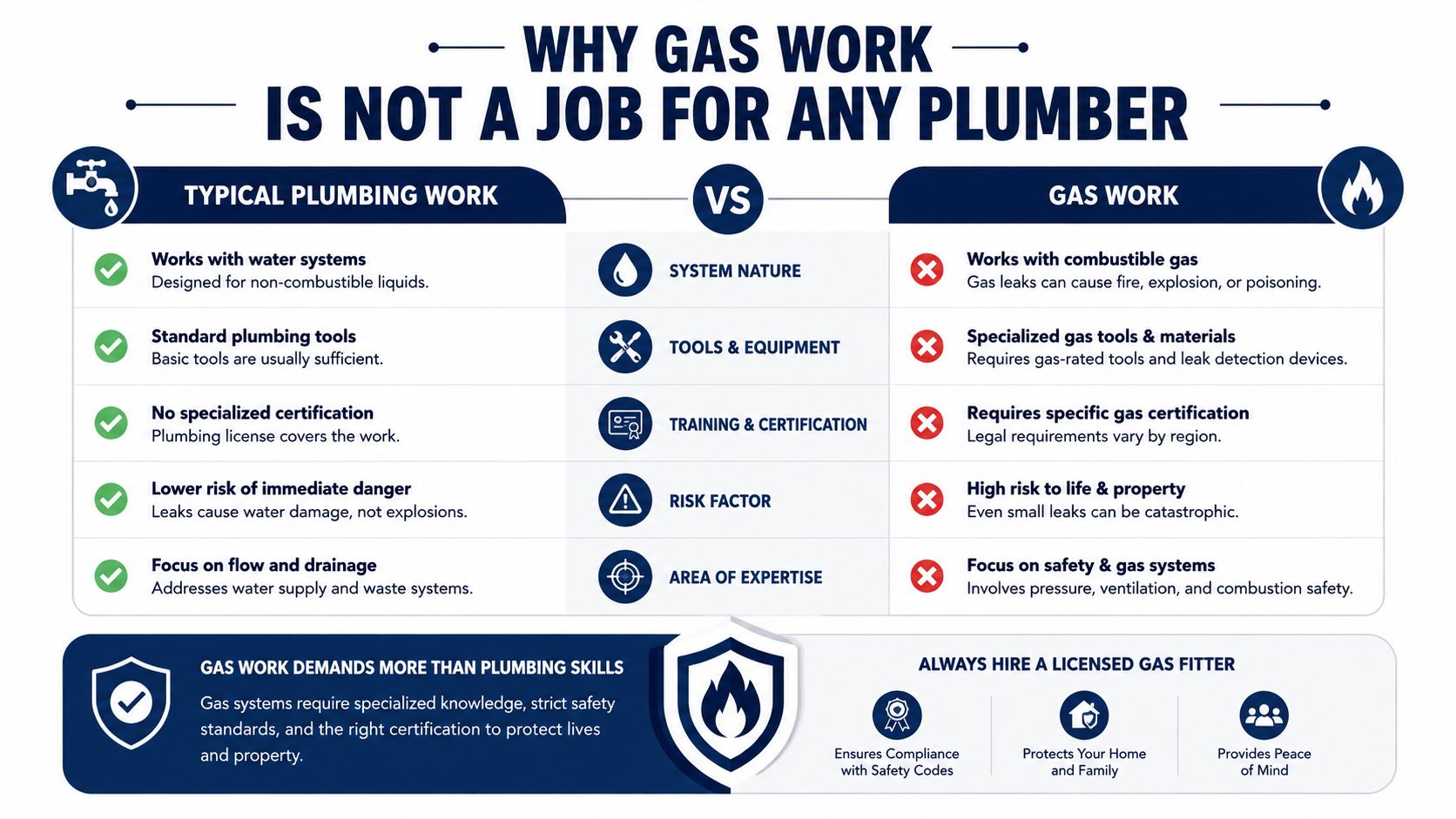 A comparison chart explaining why gas work requires a specialized licensed professional instead of a standard plumber.