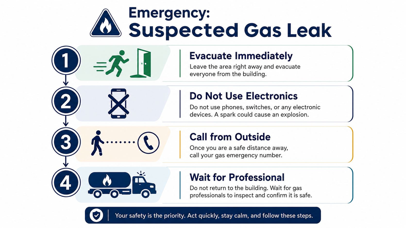 An infographic showing four emergency steps to follow if you suspect a gas leak in your building.