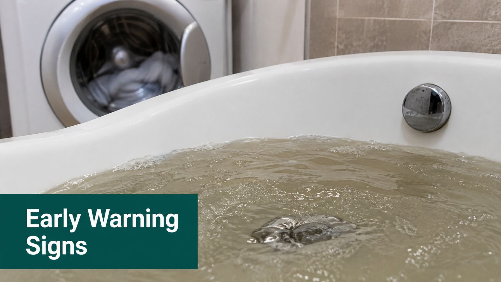 A close-up view of dirty, murky water draining from a bathtub with a washing machine nearby.