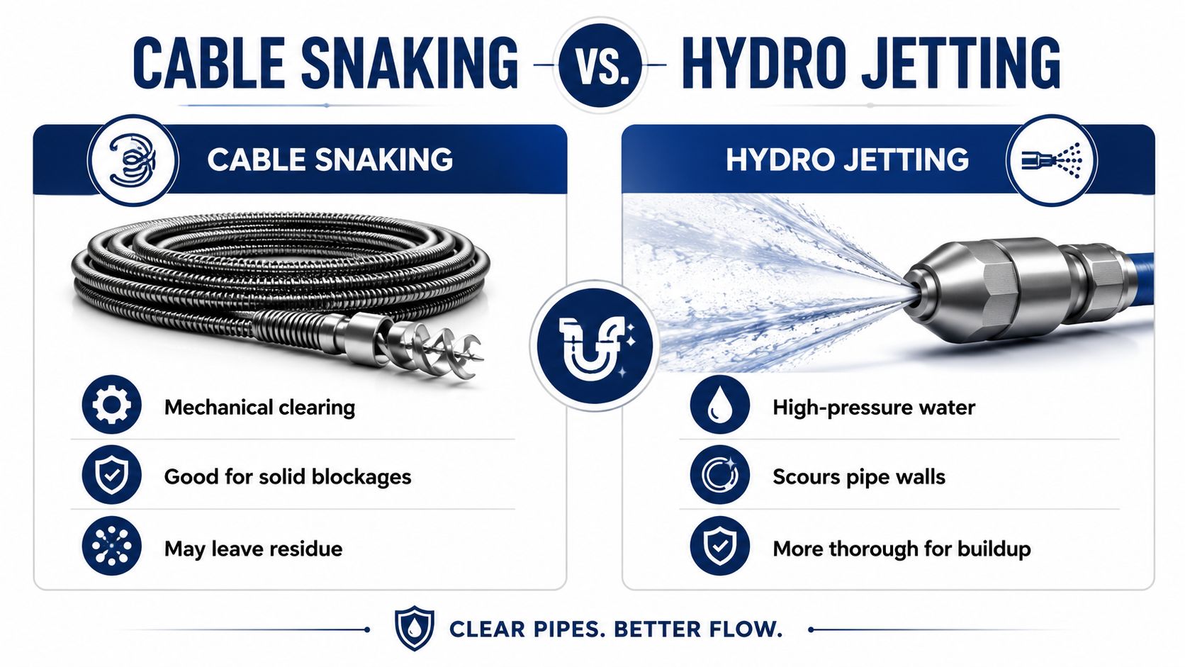 A comparative infographic displaying the differences between cable snaking and hydro jetting for residential drain pipe cleaning.