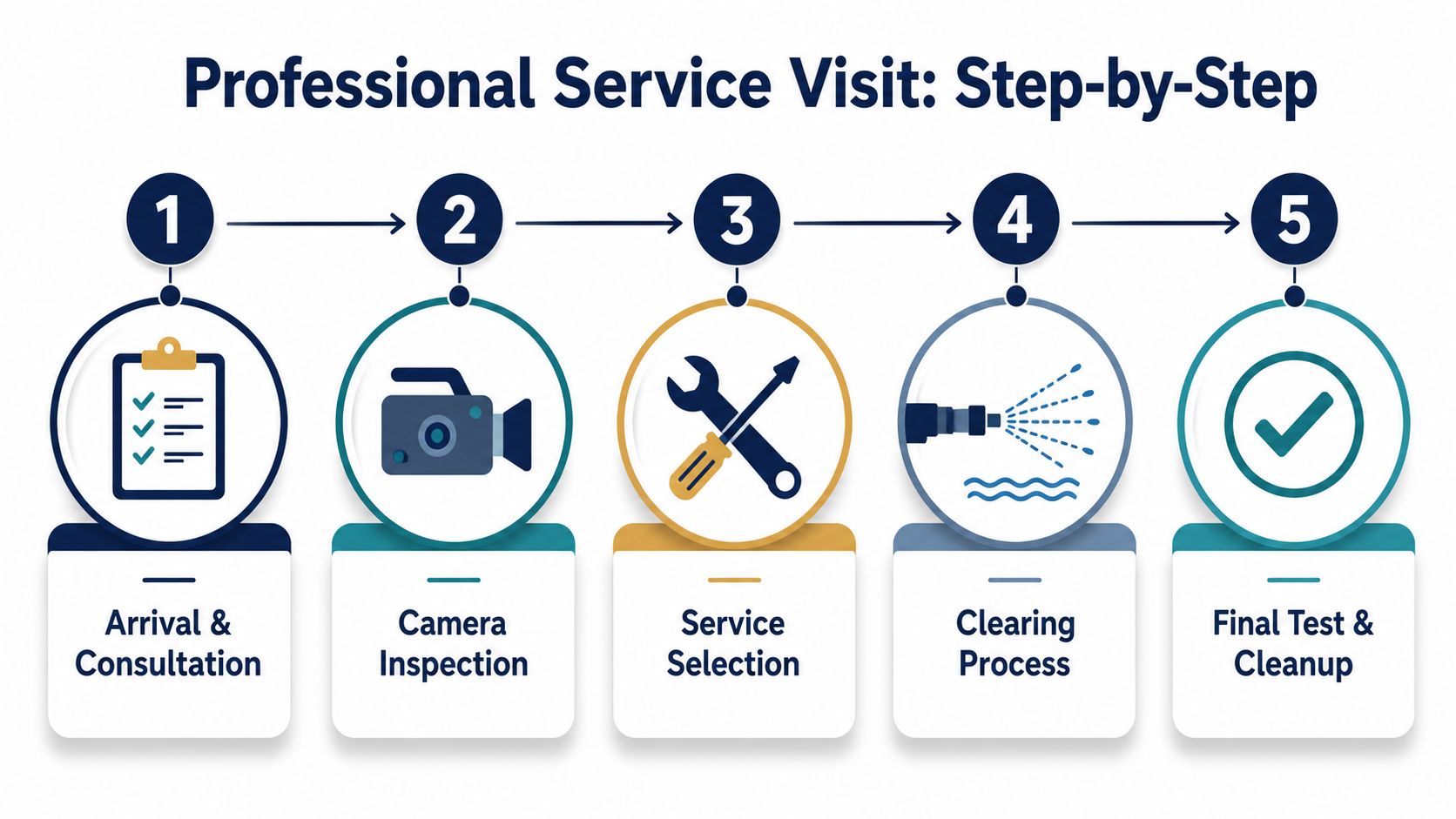 A professional infographic illustrating the five-step process for a main line drain cleaning service visit.