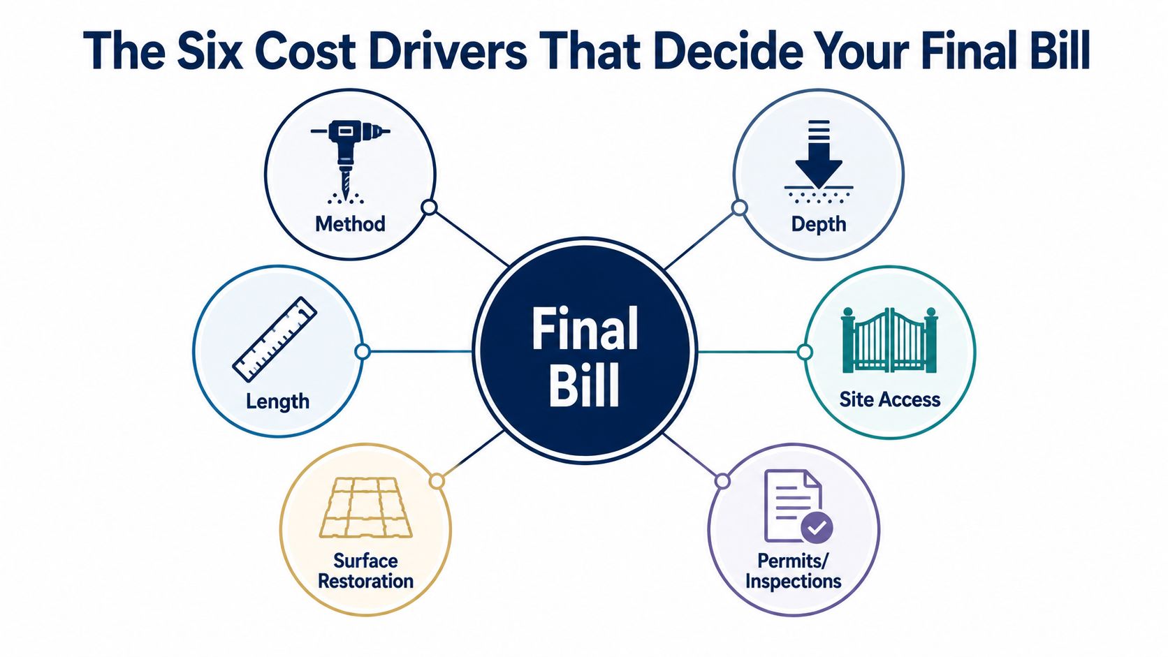 A diagram titled The Six Cost Drivers That Decide Your Final Bill illustrating factors for sewer lateral replacement.