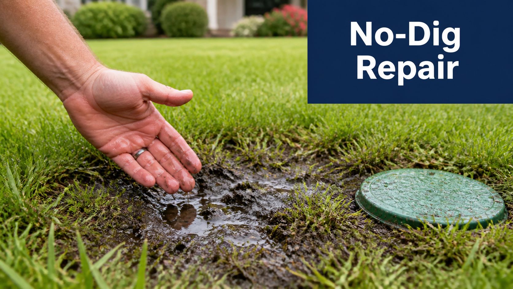 A hand touches a muddy wet area of grass near a green underground utility access cover.