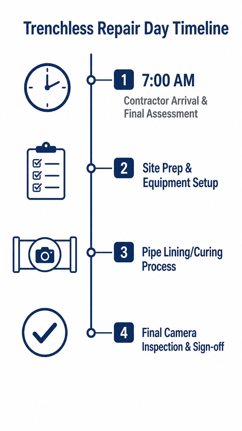An infographic showing the four-step trenchless sewer repair process timeline, from contractor arrival to final inspection.