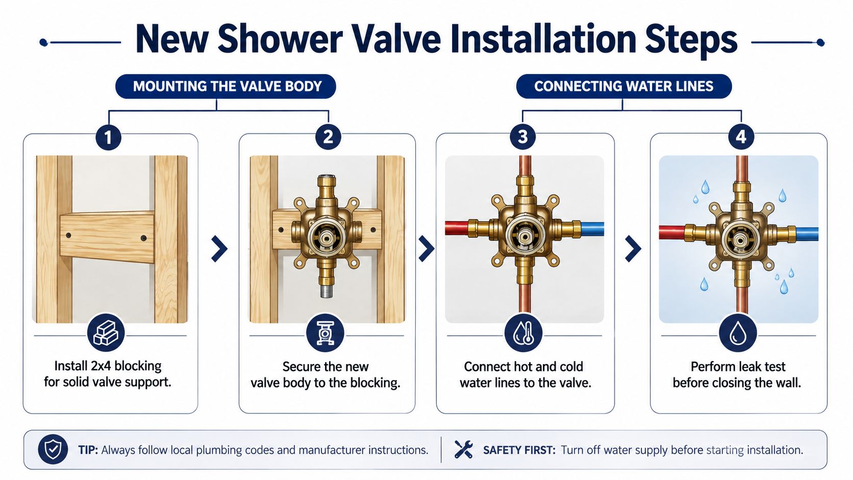 An infographic showing four steps for new shower valve installation between wooden wall studs.
