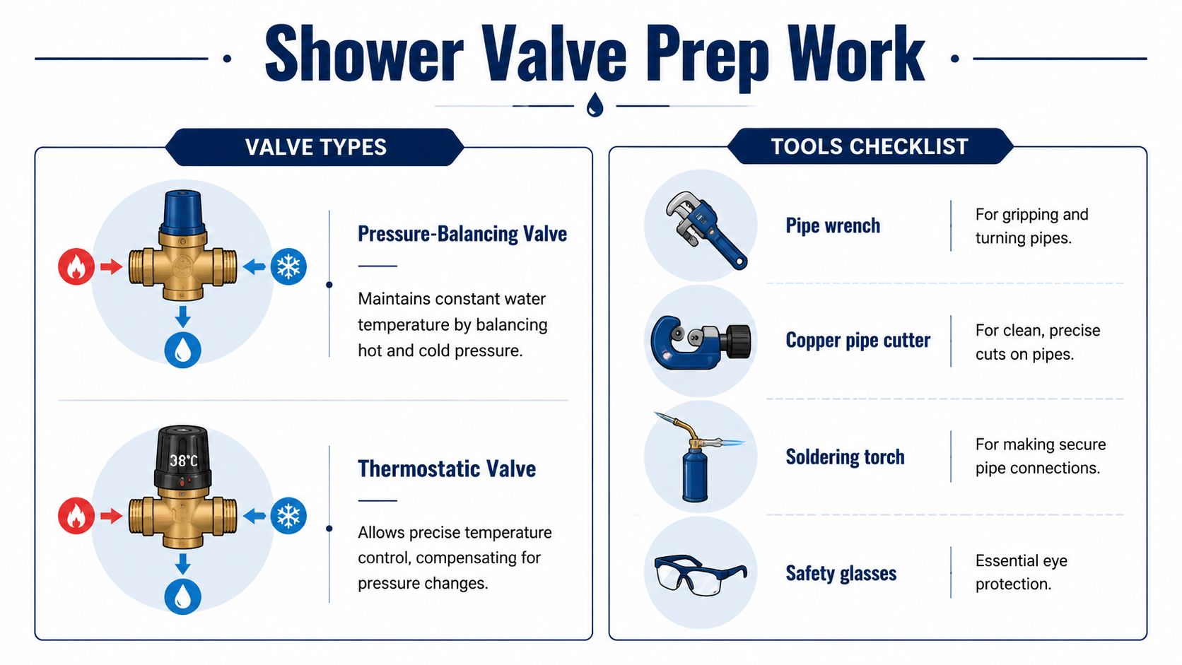 An infographic detailing common shower valve types and the essential tools needed for installation.