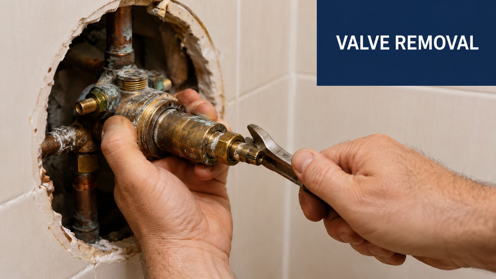 A plumber using an adjustable wrench to remove a brass shower valve cartridge from the wall.