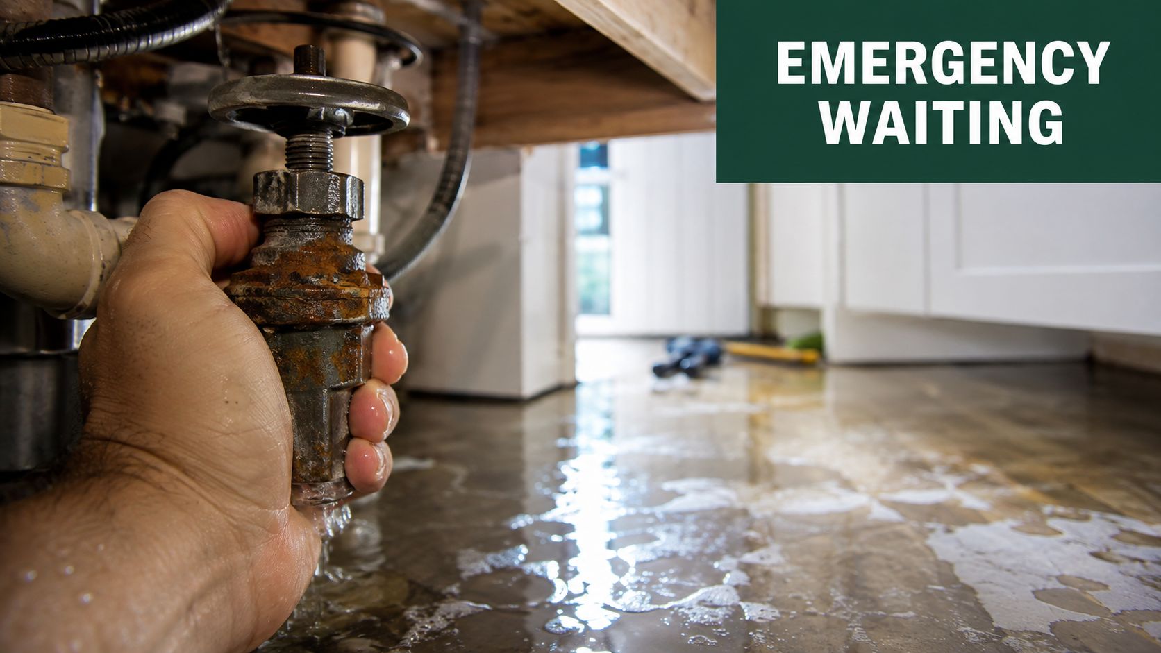 A person holding a leaking, rusted shut-off valve under a sink with flooded kitchen flooring nearby.