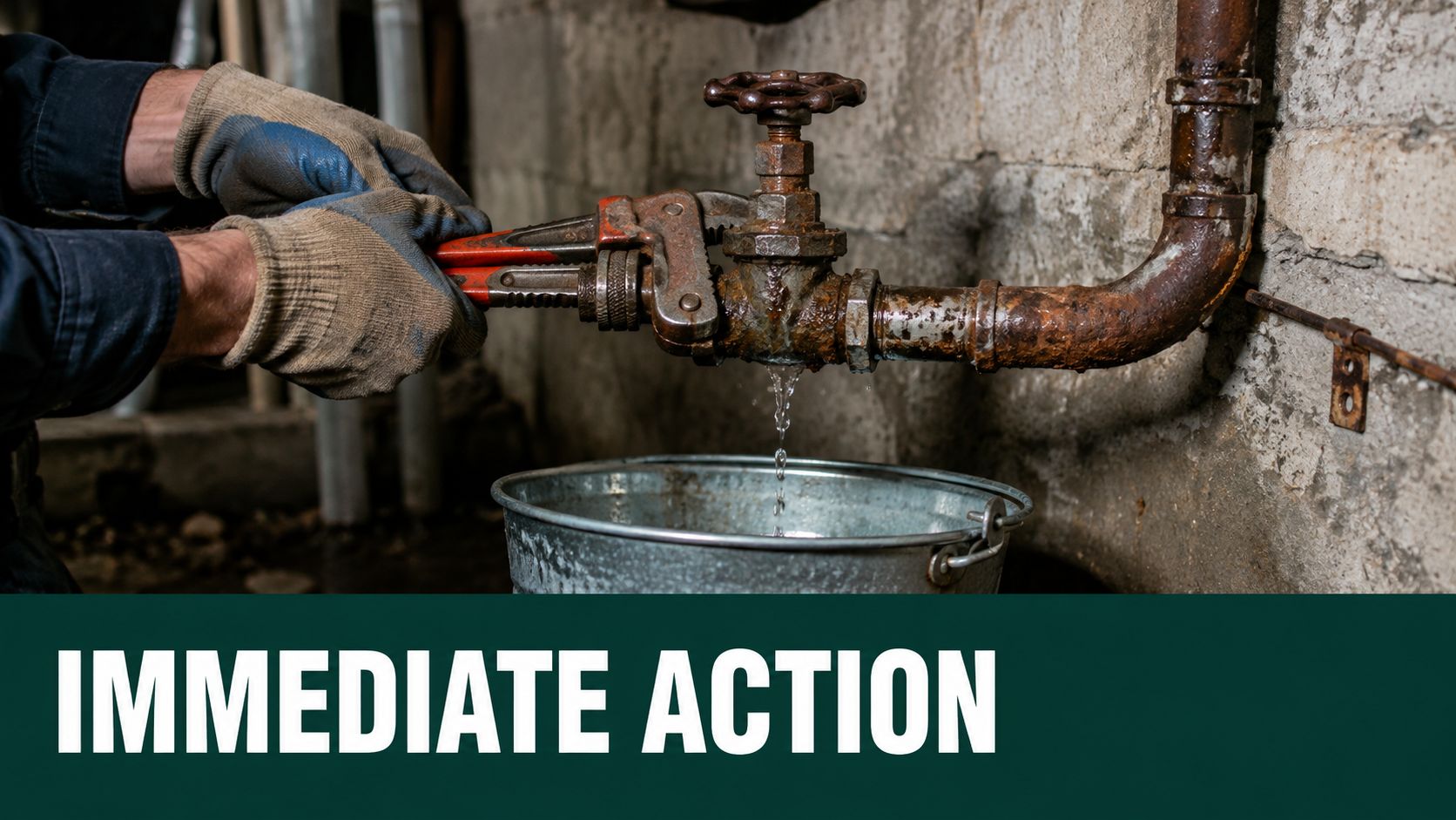 A gloved plumber using a pipe wrench to repair a rusty, leaking shut off valve on pipes.