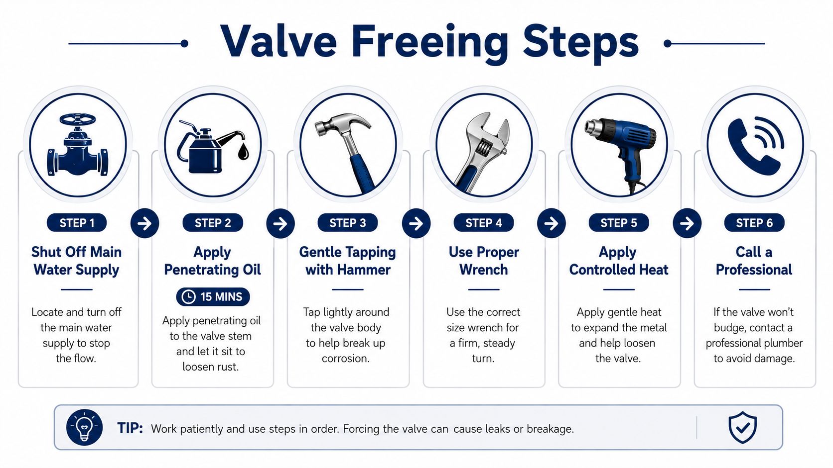 An infographic showing six sequential steps to free a stuck plumbing valve using oil, tools, and heat.