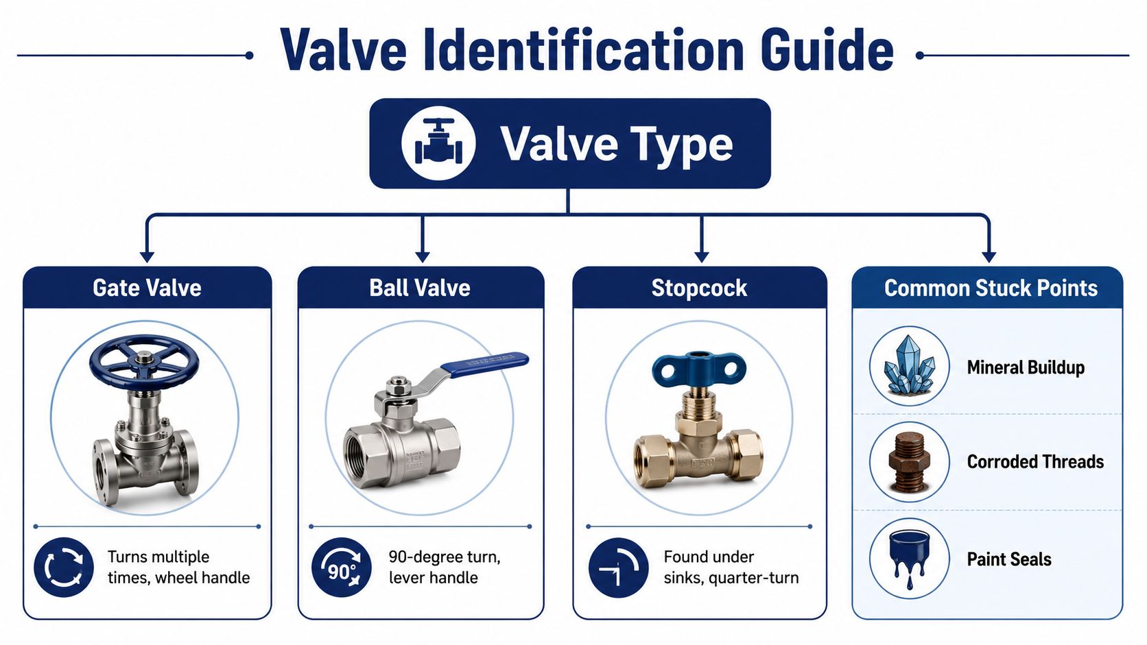 A visual guide explaining different types of valves, including gate, ball, and stopcock, with common stuck points.